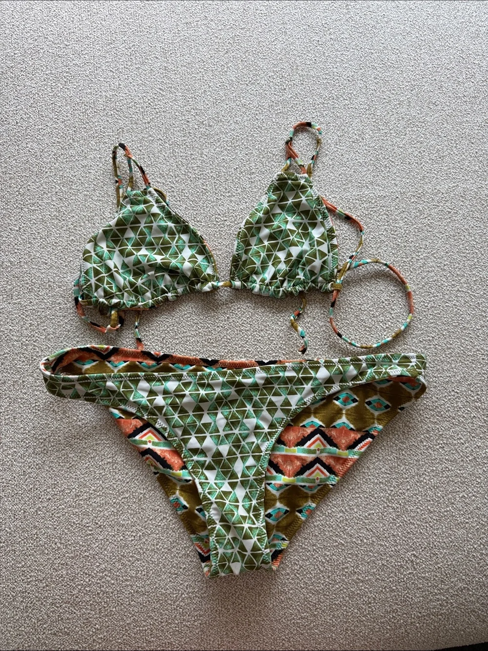 Volcom Reversible Olive Green & Orange Geo Print Bikini